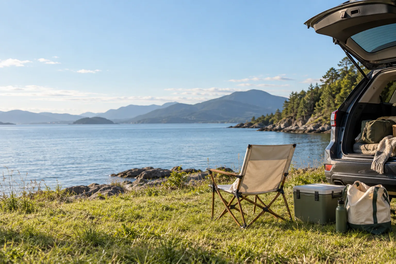 A canvas chair, cooler and tote beside an open car overlooking the coast